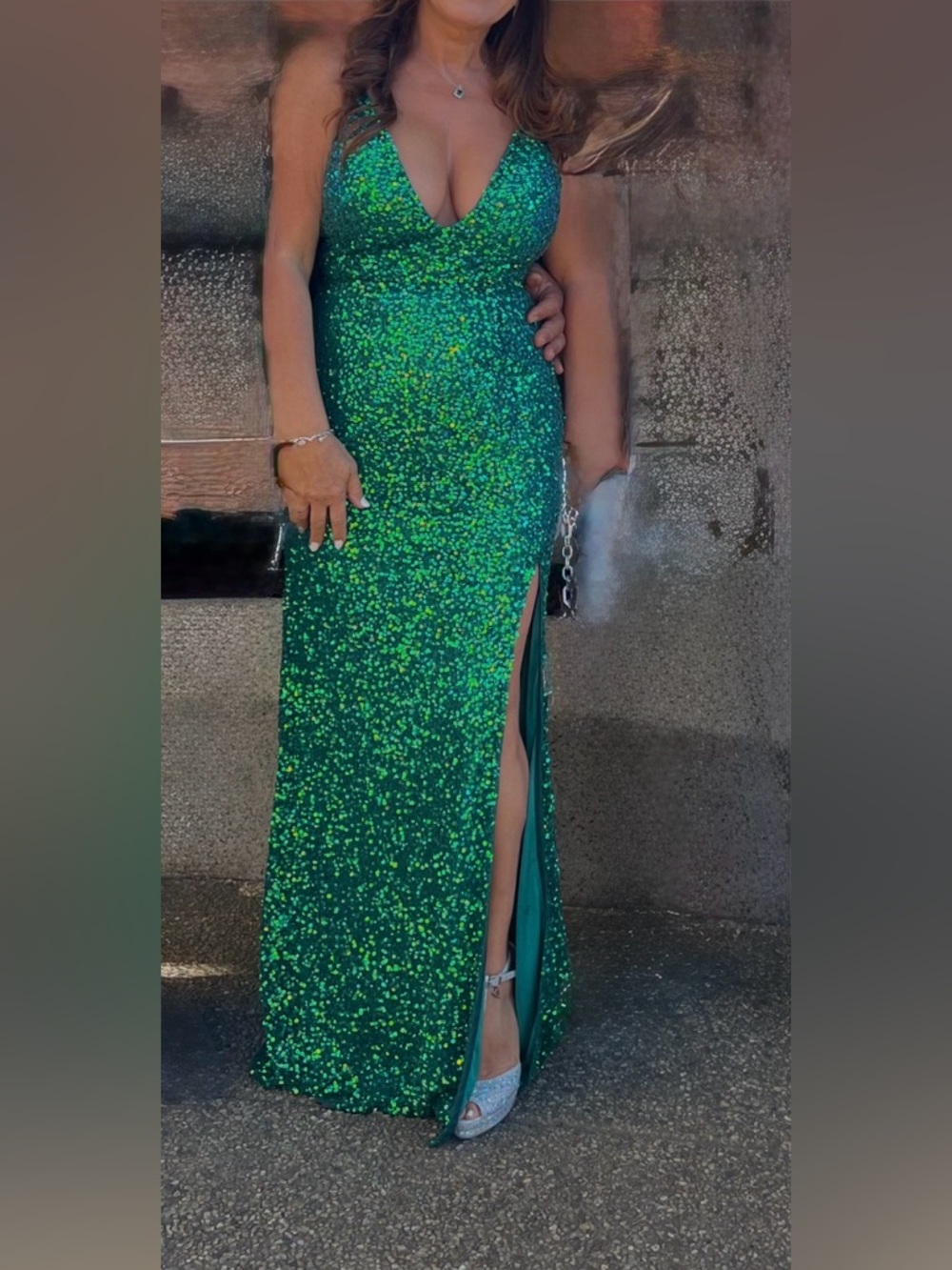 Green Sequin V-Neck Prom Dress with High Side Slit